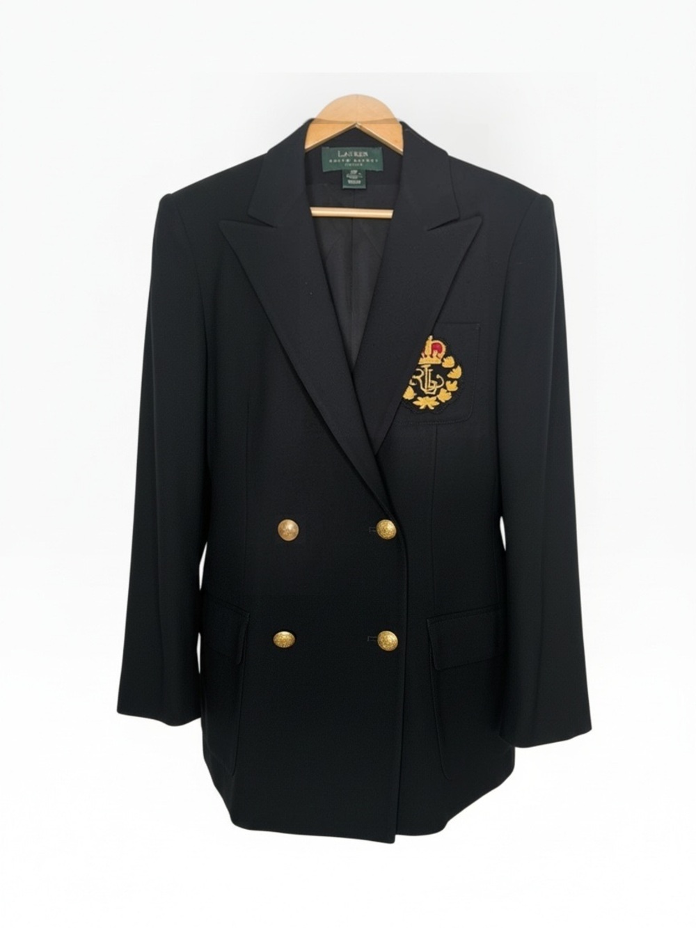 Vintage 90s Lauren Ralph Lauren Black Wool Crest Blazer Gold Buttons Made in USA